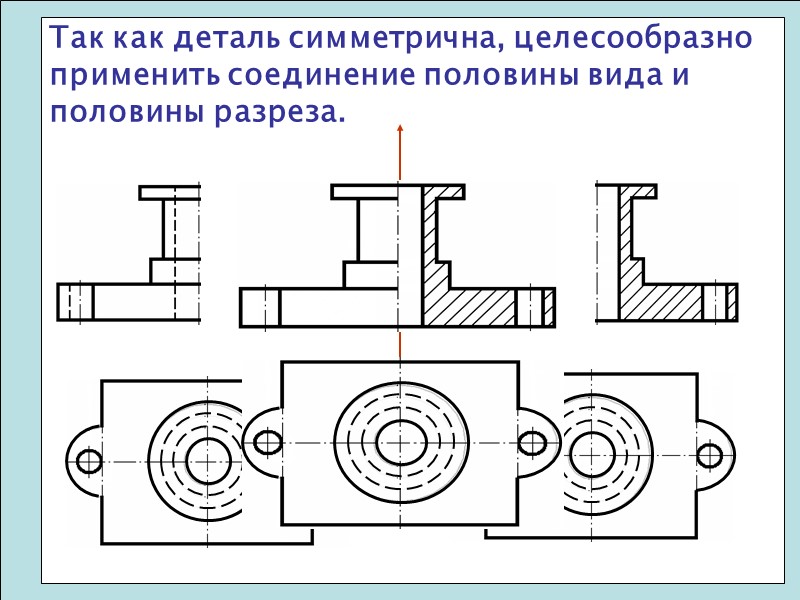 Так как деталь симметрична, целесообразно применить соединение половины вида и половины разреза.